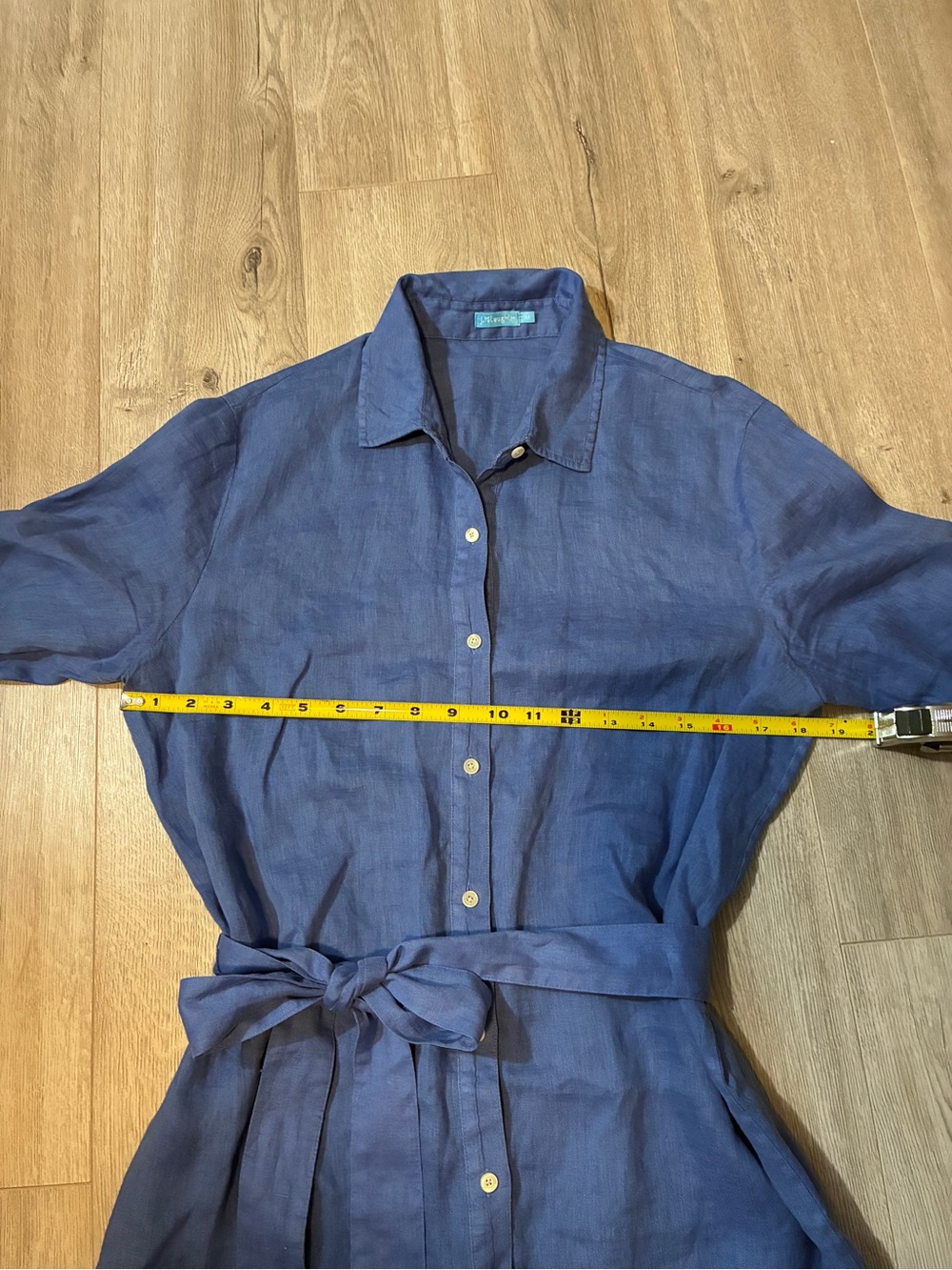 J. McLaughlin Blue Linen Belted Shirt Dress Medium Roll Tab Sleeve - Picture 8 of 11